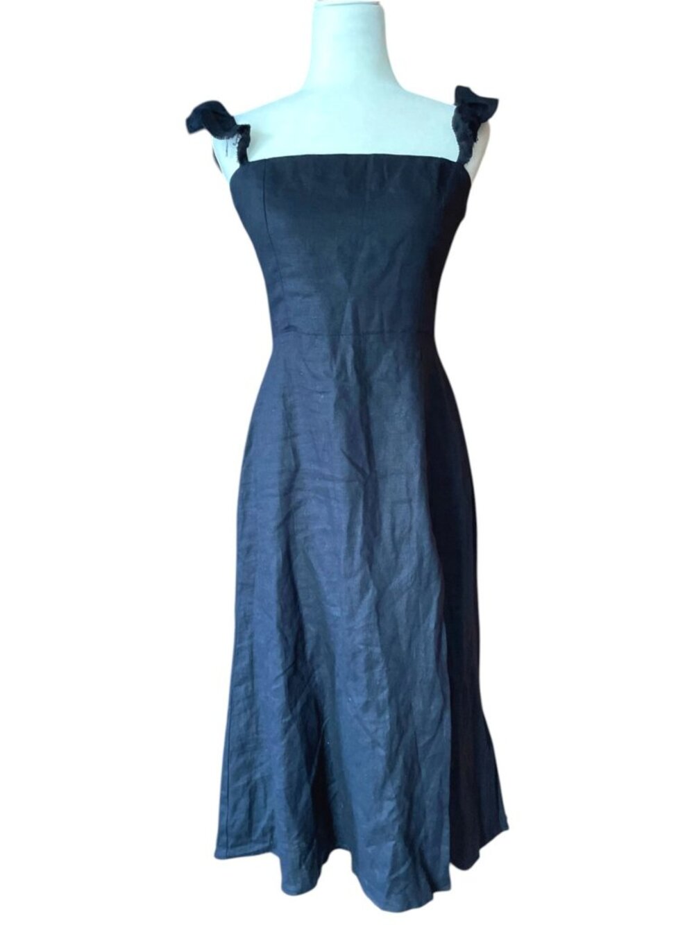 Reformation Spaulding 100% Linen Dress Sz 8  Black Ruffle Strap Formal Date - Picture 5 of 15
